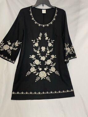 By Together + Collection Black Boho Shift Dress with Neutral Embroidery, Med
